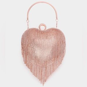 Rose Pink Gold Metallic Fringe Crystal Heart Shape Evening Bag